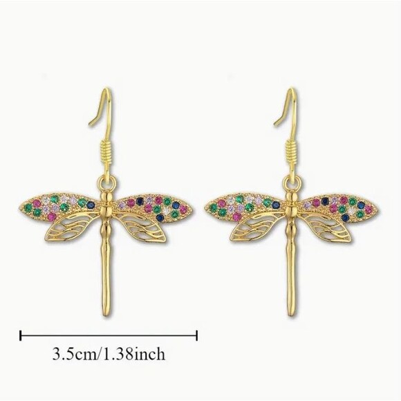 Gold Dragonfly Earrings & Necklace Rhinestones Jewelry Set - Picture 4 of 10